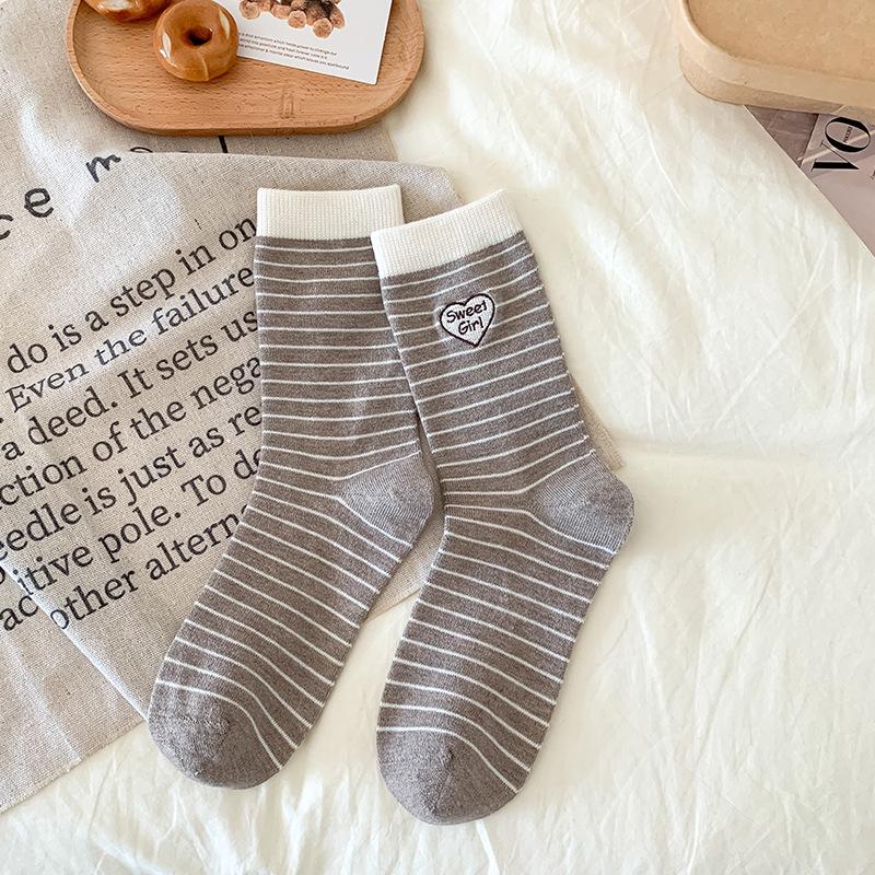 Women's Striped Embroidered Wool Mid-Calf Socks - Soft, Thick, Warm, Japanese Style for Autumn/Winter