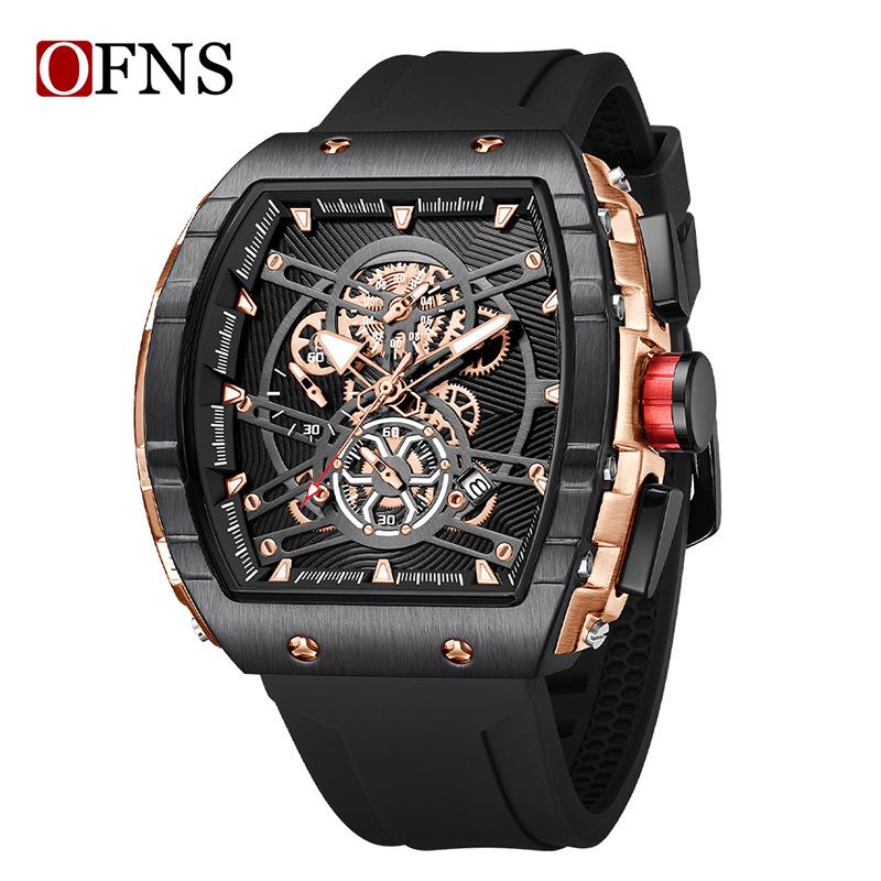 OFNS Men s Barrel-Shaped Six-Hand Chronograph Wristwatch with Calendar and Sport Quartz Movement