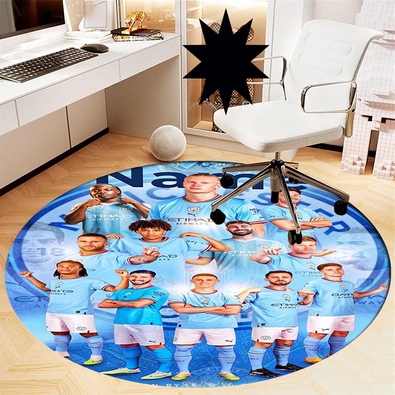 Benutzerdefinierter Name Manchester City Aufgedruckter Runder Teppich Teppich Stuhlteppich Bereichsteppich Eingang Fußmatten, für Bürostuhl Wohnzimmer Schlafzimmer Küche.