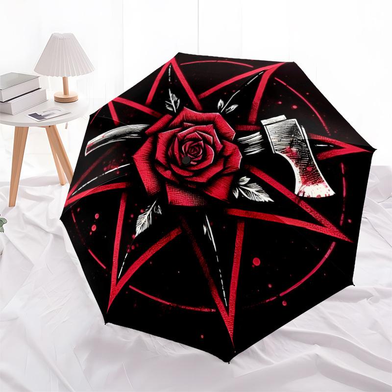 1pc Red Rose Pentagram Axe Symbol Umbrella with Plastic Handle,Suitable for All Seasons Home Travel Outdoor UmbrellaDD1025