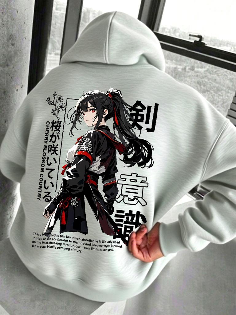 Men's loose-fitting, casual, stylish printed Japanese anime-themed hooded sweatshirt, suitable for autumn and winter wear, warm and comfortable.