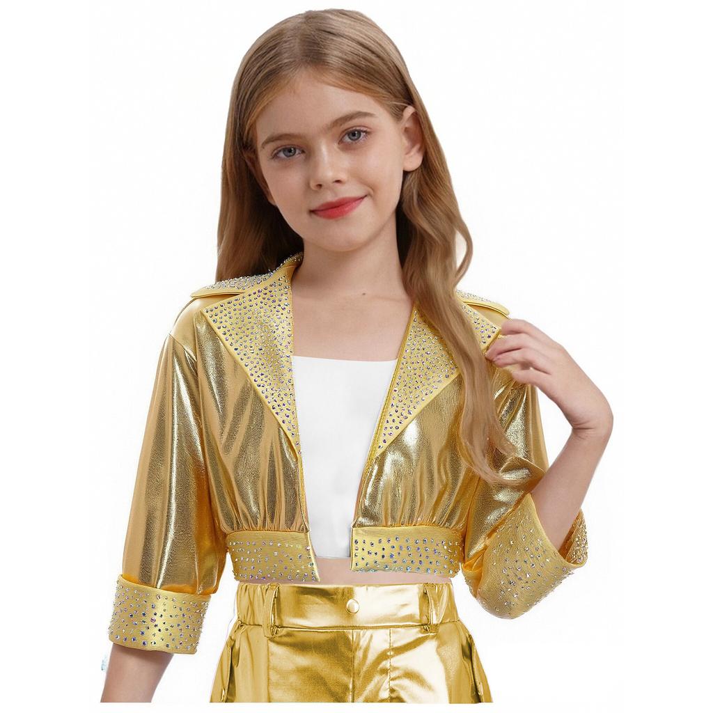 Mädchen Reverskragen Langarm Glänzende Strasssteine Metallische Jacke Jazz Dance Oberbekleidung