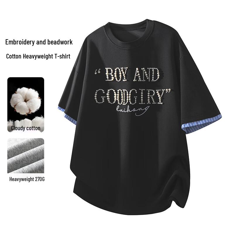 VUUG Men s Loose-Fit Pearl Letter Short Sleeve T-Shirt L