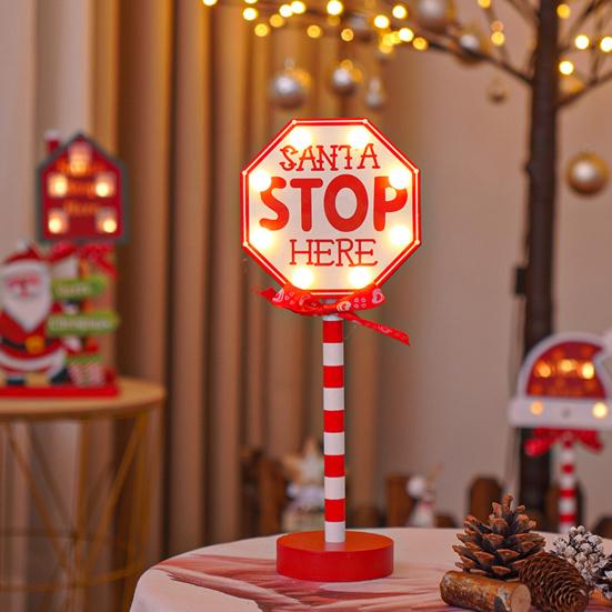 Christmas Street Sign Light with Bowknot Santa Stop Here North Pole Letter Vintage Reusable Xmas Holiday Decoration Desktop Guideboard LED Lamp