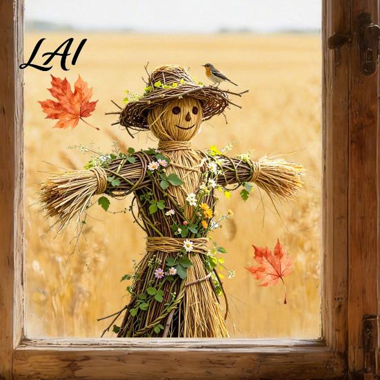 Farmhouse Fall Window Decorations Scarecrow Stickers with Realistic Maple Leaf Pastoral Decals Waterproof Harvest Seasonal Wall PVC Static