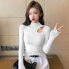 Women's Black Ribbed Slimming Semi-High Neck Knitted Top - Long Sleeve Autumn/Winter Fashion