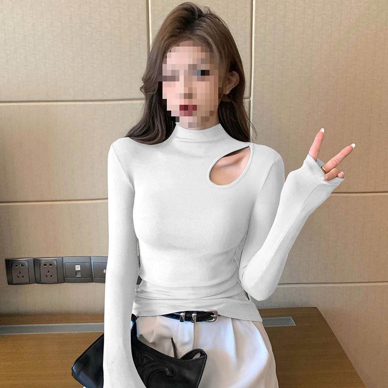 Women's Black Ribbed Slimming Semi-High Neck Knitted Top - Long Sleeve Autumn/Winter Fashion