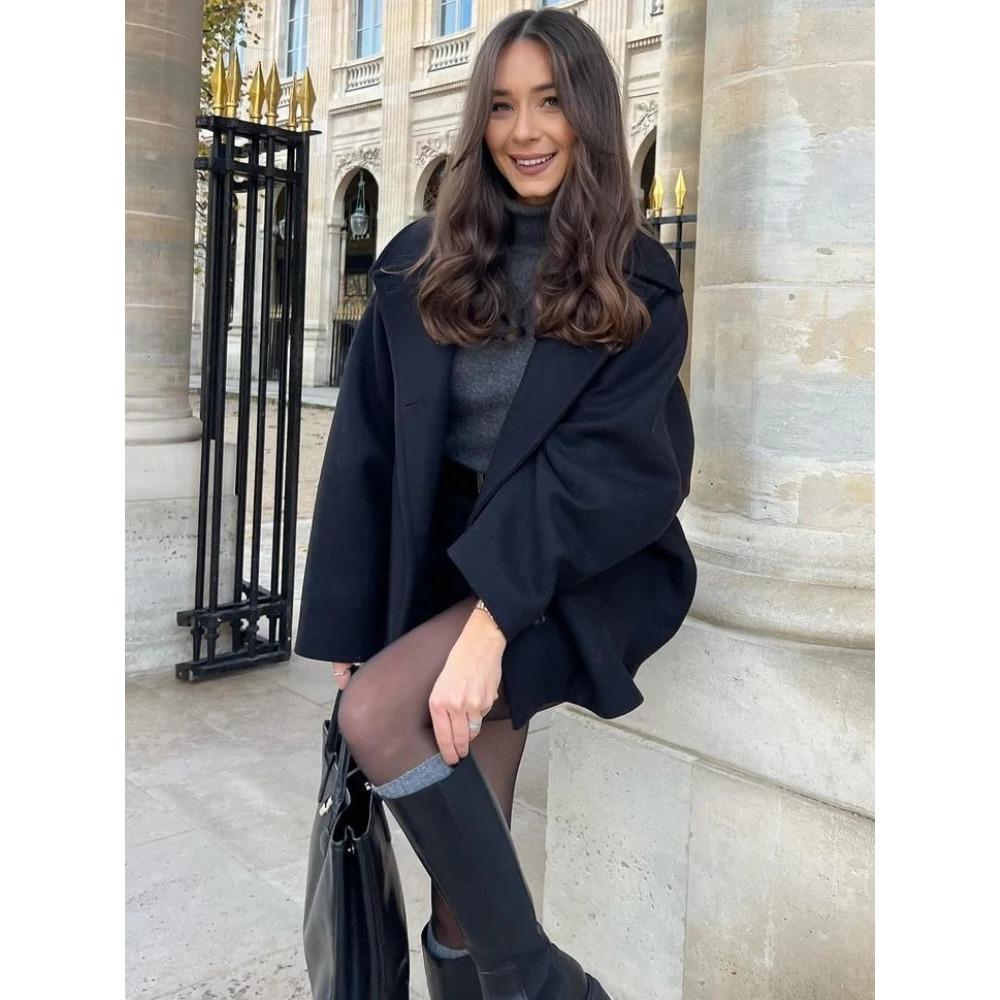 Women's Oblique Button Loose Batwing Sleeve Jacket Coat Lapel Double Pocket Warm Solid Vintage Outerwear Fall Winter Coat