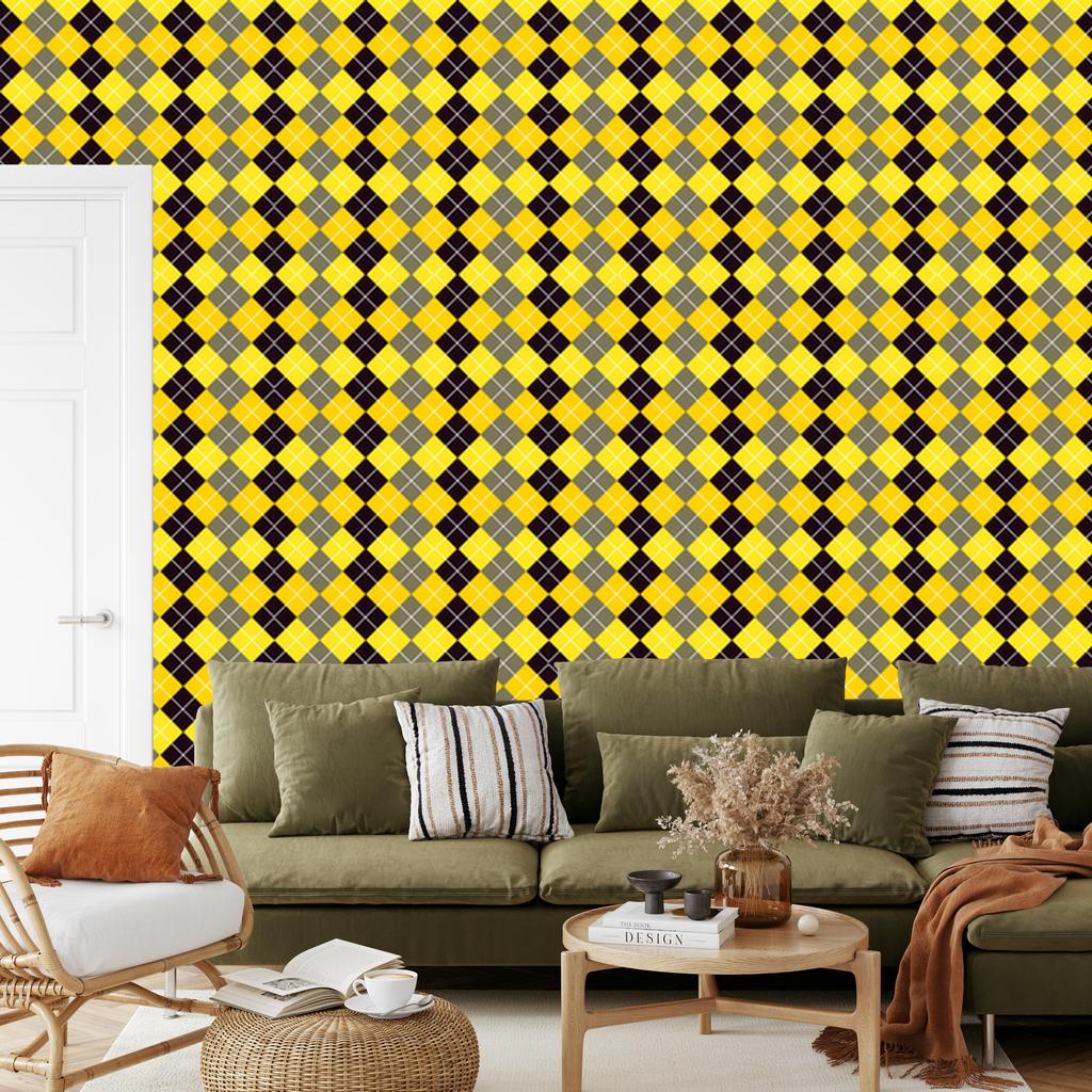 Yellow and brown checkered wallpaper for living room and bedroom 50x1000