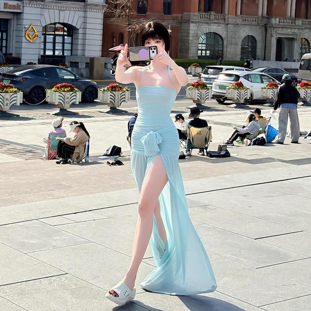 2026 European and American Style WISH Summer New Women's Clothing Solid Color Sexy Neck Collar Slim Dress Women