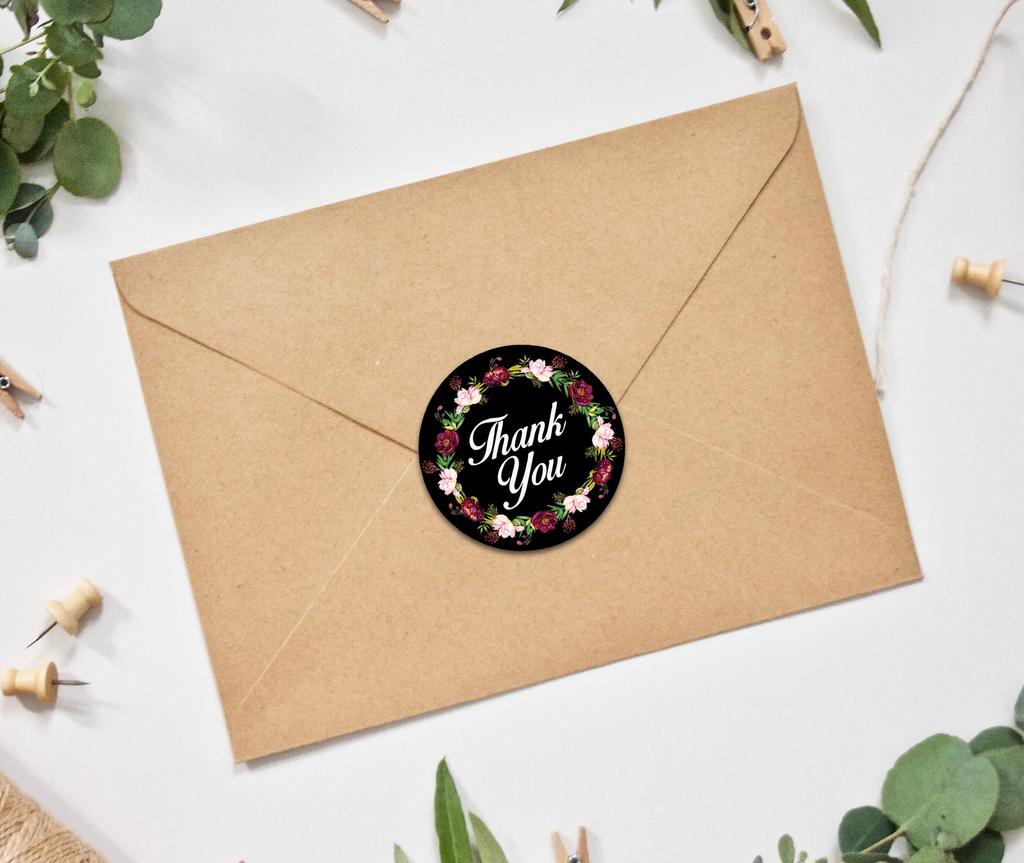 Darling Souvenir 45 Pcs Floral Wreath Round Thank You Black Stickers Envelope Seals-1.6