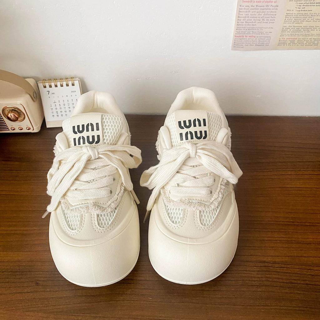 Round head thick-soled mesh ugly cute little white shoes women's 2025 summer new breathable bread shoes casual versatile board shoes