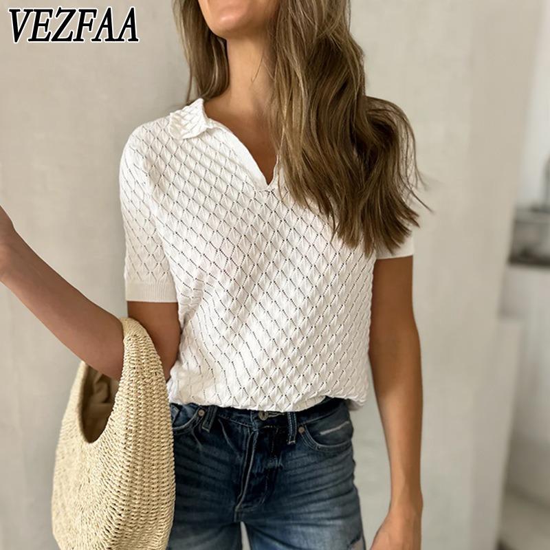 VEZFAA Damenmode, lässig, Sommer, Frühling, einfarbig, bedruckt, kurzärmelig, V-Ausschnitt, Blusen und Hemden