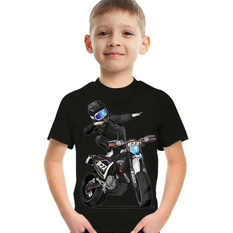 Summer Round Neck 3D Printed Motorcycle Rider Pattern Top Fashionable Casual Short Sleeved Children's Boy T-shirts