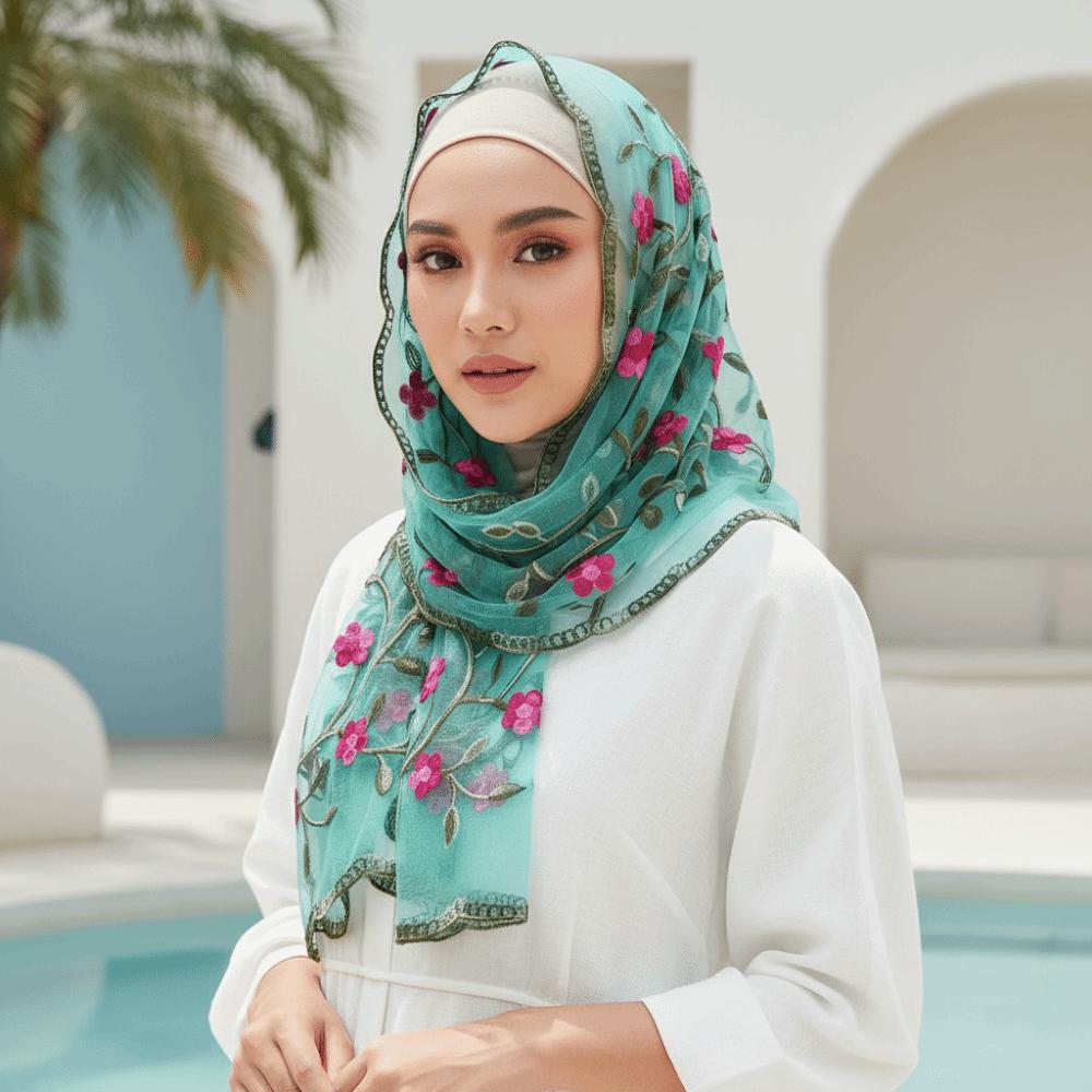 Lightweight Embroidered Floral Headwrap Breathable Long Lace Scarf Summer Hijab Travel Photoshoot