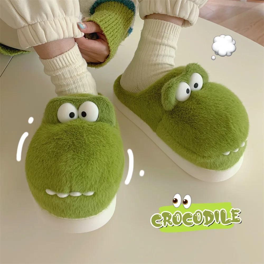 Fashion Cute Crocodiles Winter Shoes New Women Indoor Slipper Soft Heel Platform Fur Warm Comfortable Fluffy Couples Home Slippers