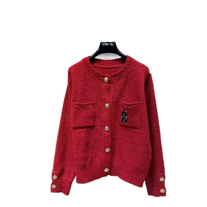 Miu Style 2025 Autumn/Winter New Arrival Letter Pocket Round Neck Single-Breasted Loose Cardigan Sweater