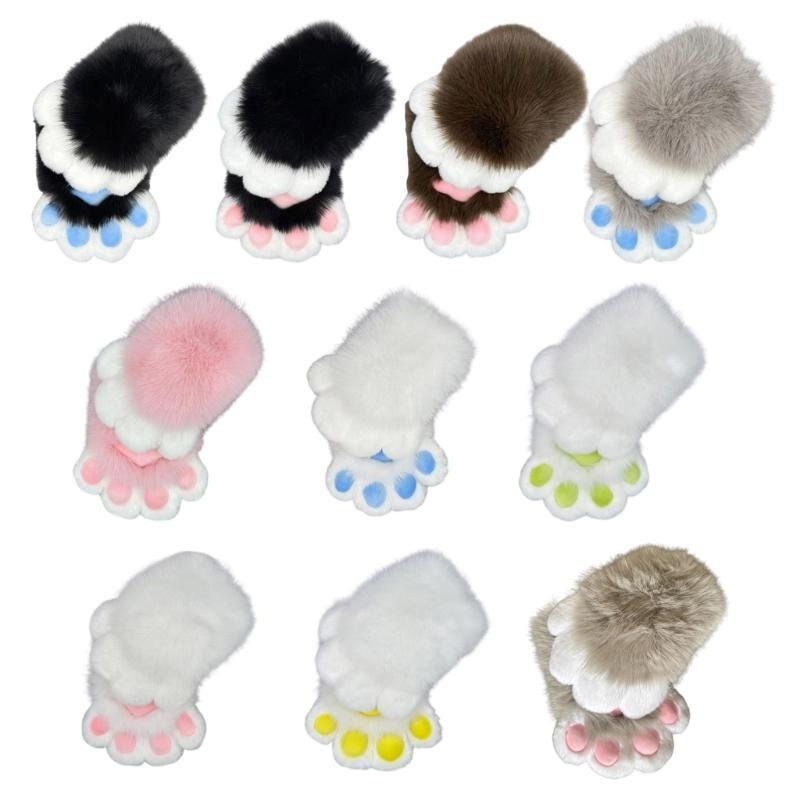Faux Furs Animal Foxes Paws Mittens Halloween Cosplay Costume Accessories Cats Paws Gloves with Claws Fursuit Gift
