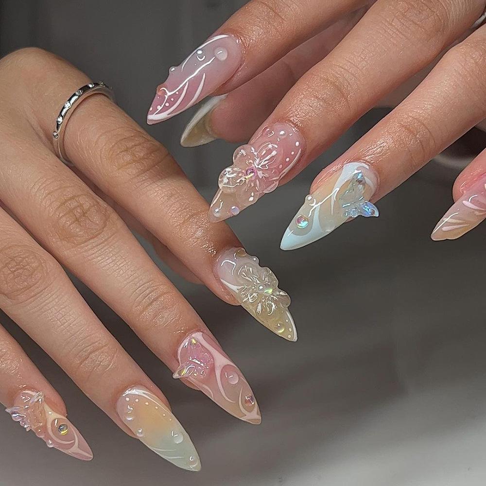 24Pcs Summer Long Almond Press On Nails Hawaiian Dopamine Flower Design Colorful French Y2k Fake Nails