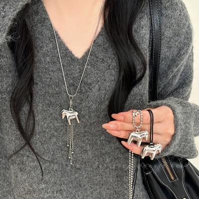 INS Fashion Smooth Surface Horse Chain Tassel Pendant Necklaces for Women Silver Plated Snake Chain Long Sweater Chain