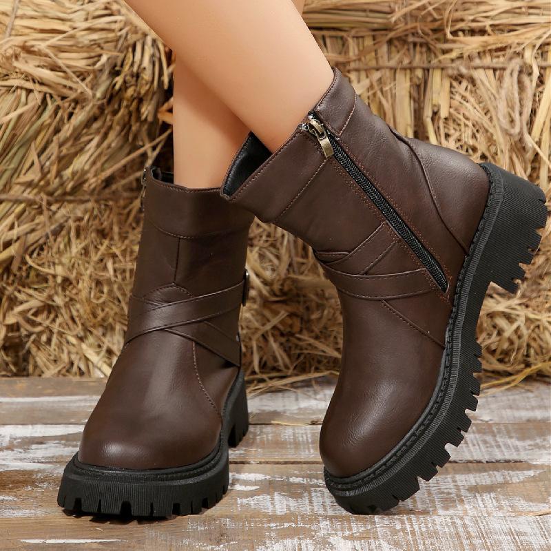 Europäische und amerikanische Größe Leder seitlicher Reißverschluss kurzer Schaft Martin Stiefel Damen grenzüberschreitend runde Zehen dicke Sohle Gürtelschnalle Ritter Lederstiefel