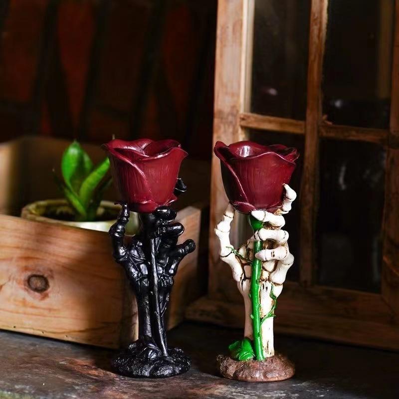 Decoration for The Tabletop Atmosphere - Halloween Skull-hand Rose Candlestick Set - Resin Home Decor - Retro and Romantic Candlestick