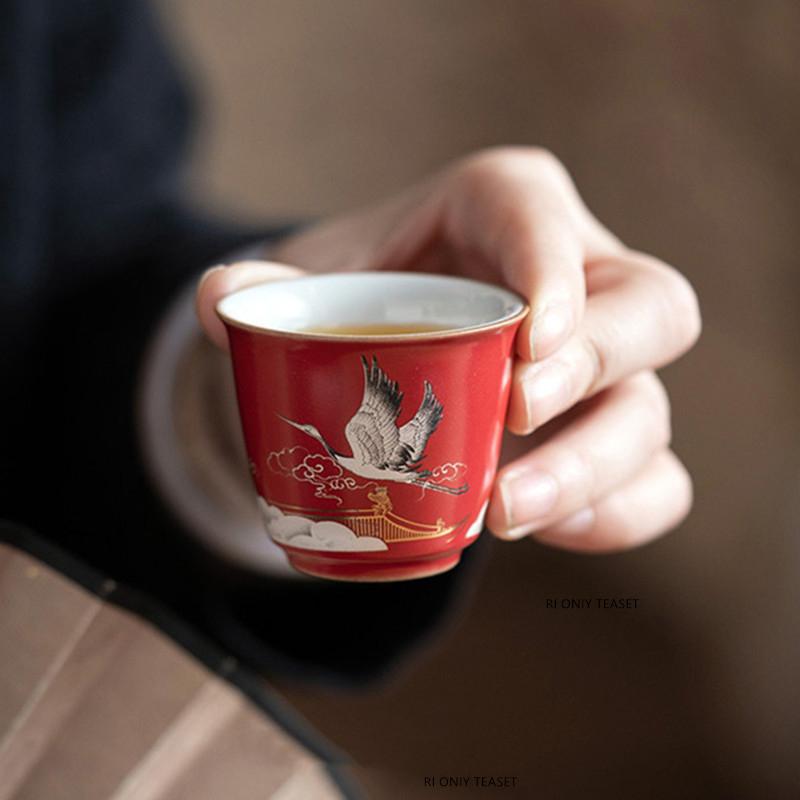 1 Pc Chinese Ceramic Tea Cup Handmade Flying Crane Teacup Household Red Tea Bowl Travel Personal Master Cup Tea Set 40ml
