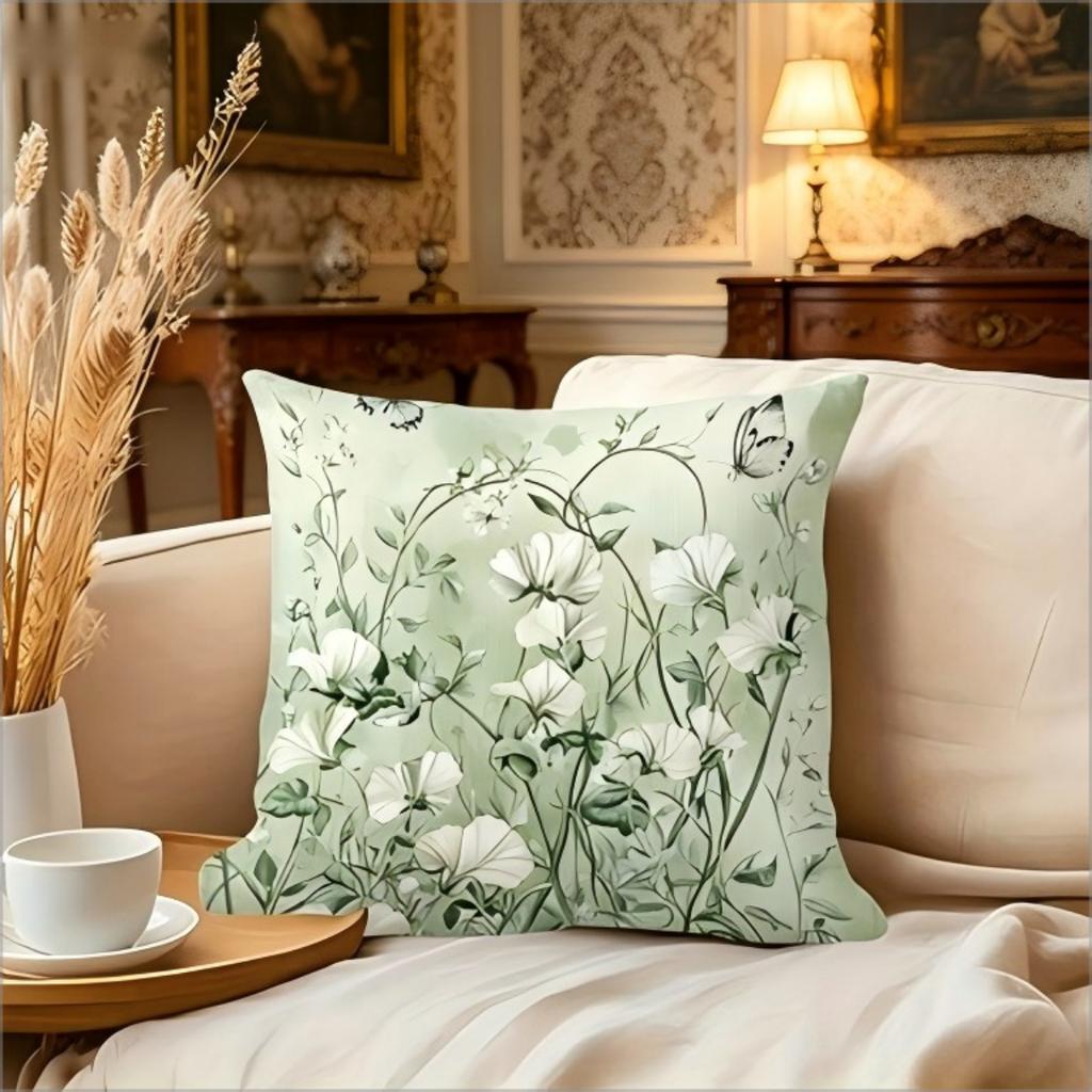 Federa Cuscino Decorativa da Divano con Stampa Floreale di Farfalle Verdi ad Acquerello, Morbido Cuscino Decorativo da Giardino Botanico Salvia