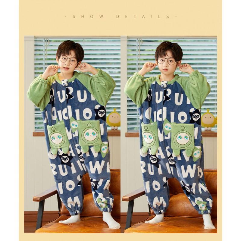 Boys Warm Fleece Pajama Set One-Piece Sleepwear Kids 8 Years Cartoon Print Thick Coral Home Suit
