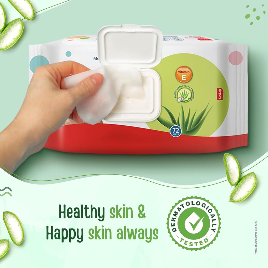 LuvLap Moisturising Baby Wipes With Aloe Vera And Chamomile Extracts Gentle Care For Delicate Skin 72 Wipes X Pack Of 3 With Lid Seal
