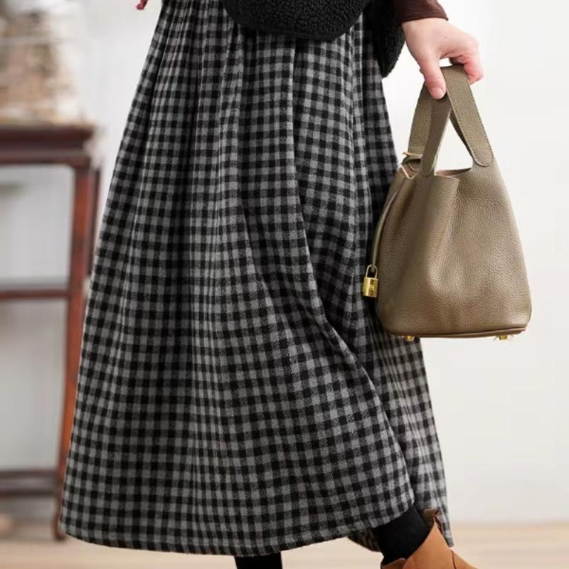 Women's Autumn Winter Thickened Retro Black Grey Plaid Wool Midi Skirt Elastic Waist Versatile A-Line Skirt