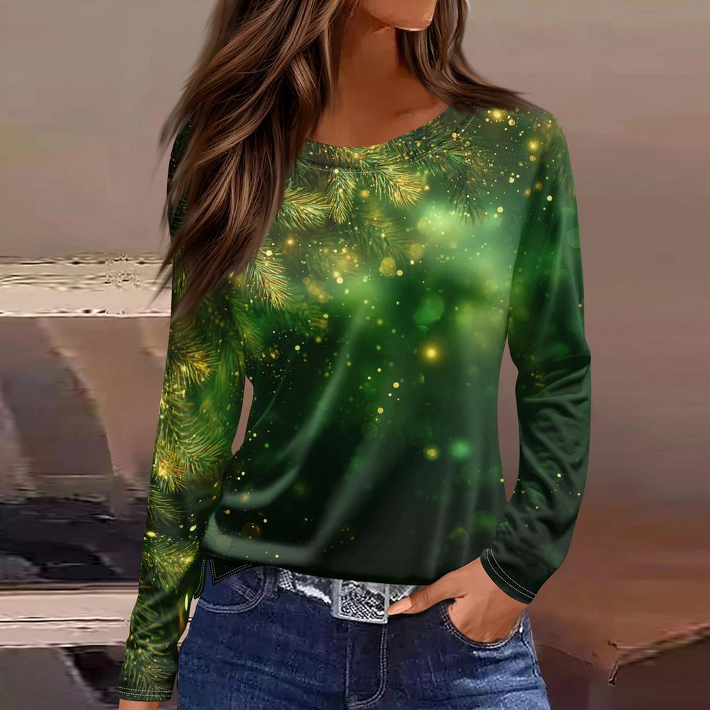 Women's Fashion Casual Slit Hem Round Neck Long Sleeve Loose Printed T-Shirt Ladies Top Christmas