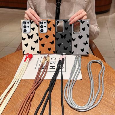 Love Heart Butterfly Print Shockproof Soft Phone Case For Samsung S25 Ultra S24 FE S23 S22 S21 A16 A55 A56 A15 A36 Crossbody Rope Matte TPU Slim Cover