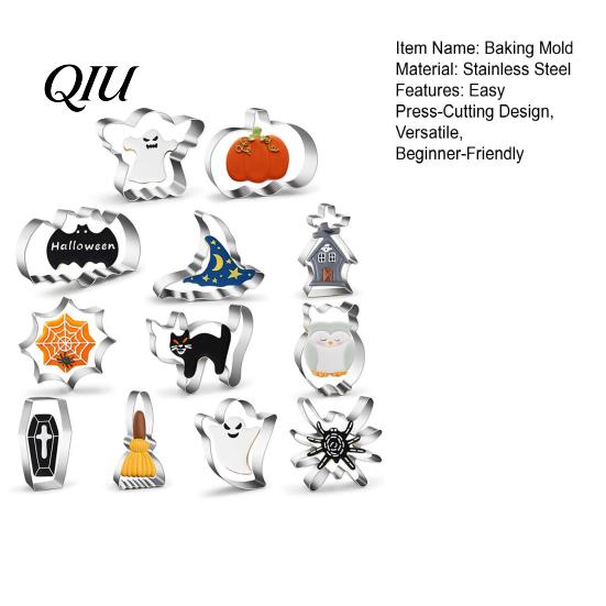 Halloween Baking Molds 12Pcs Cookie Cutter Set, Stainless Steel Biscuit Molds, DIY Pumpkin Spider Web Ghost Black Cat Bat Tool for Party,