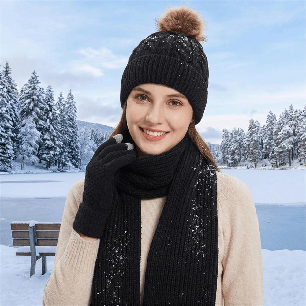 3Pcs/Set Woolen Hat Cold Proof Knitted Scarf Fashion Scarf Hat Gloves Set Cycling