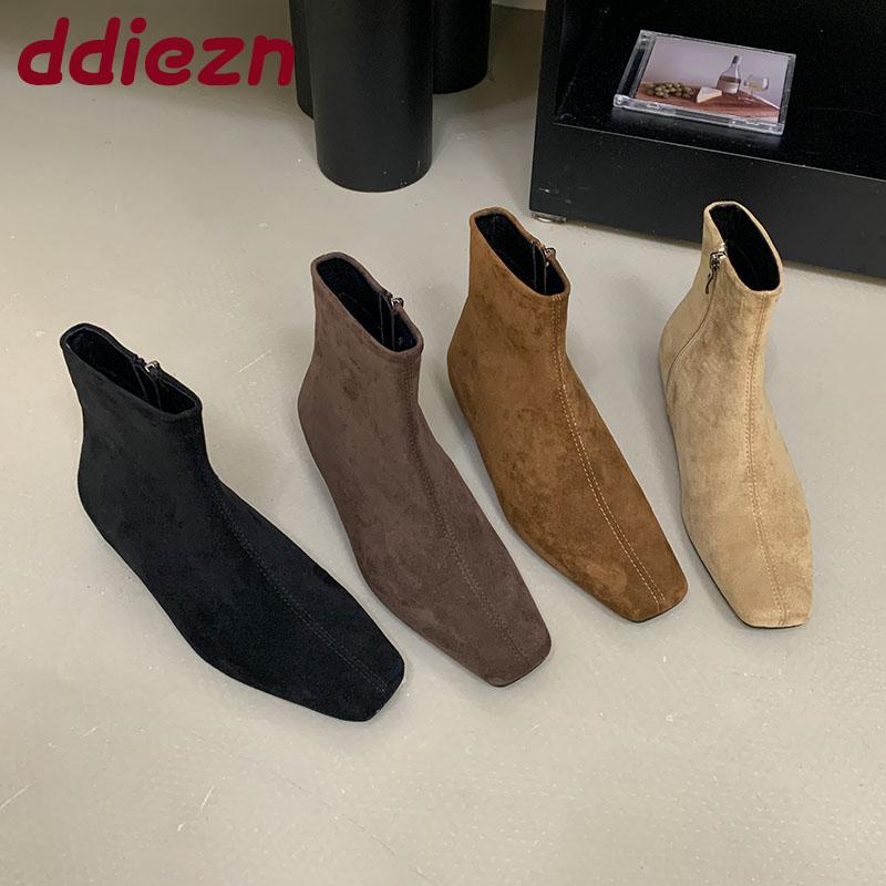 Mode Mode Eckige Zehenpartie Damen Ballerinas Stiefeletten Schuhe mit Reißverschlüssen Schuhe Lässig Weiblich Flock Damen Kurze Stiefel Schuhe