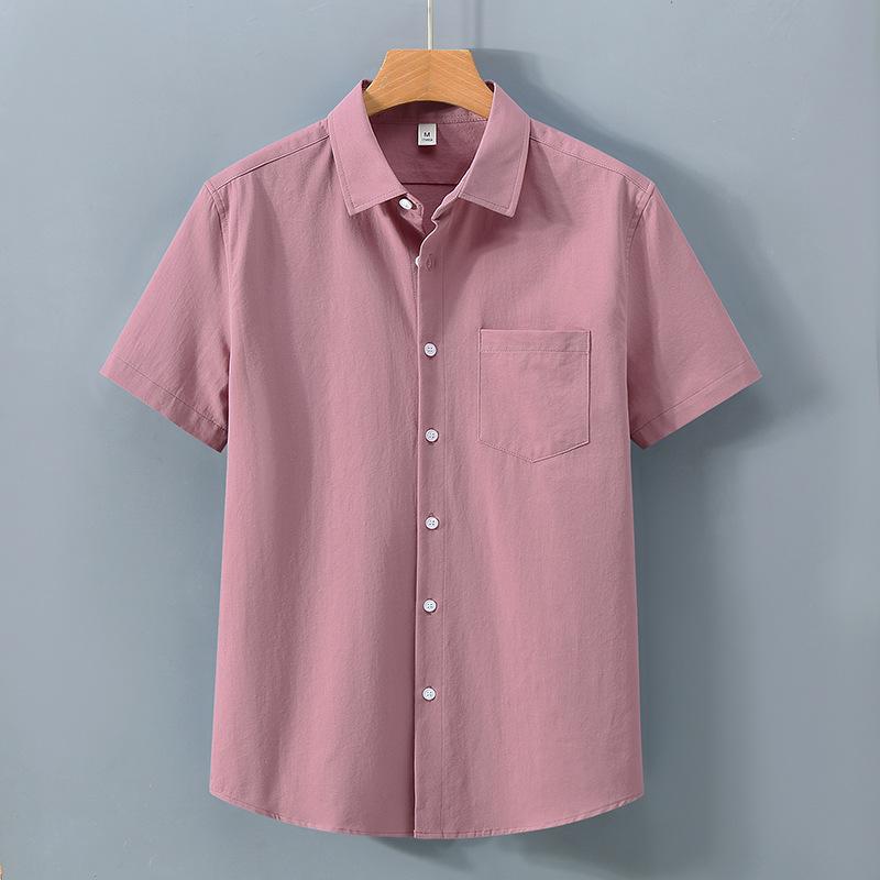 Korean Mens Short Sleeve Shirt Daily Summer Tops Pocket Solid Color Turn-down Collar 100Cotton Casual Shirts Simple Style Clothing