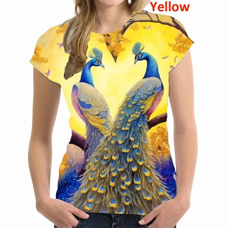 Peacock Pattern T-Shirt For Women Colorful Animal 3D Printed T Shirts Summer Casual Loose Tees Short Sleeves Round Neck Tops