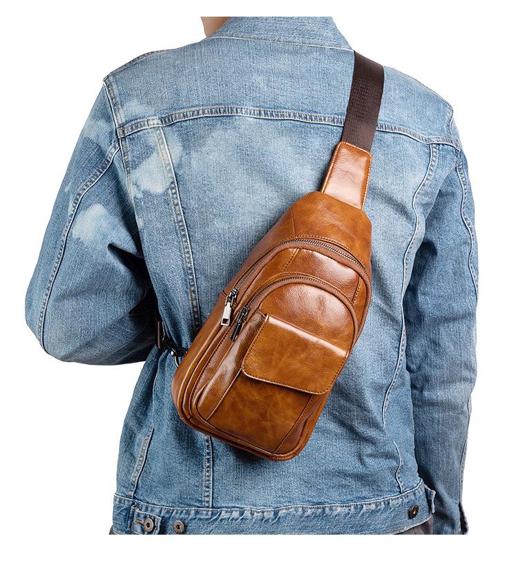 Men's Genuine Leather Chest Bag - Top Layer Cowhide, Crossbody, Fashionable, Retro, Versatile, High-End Style