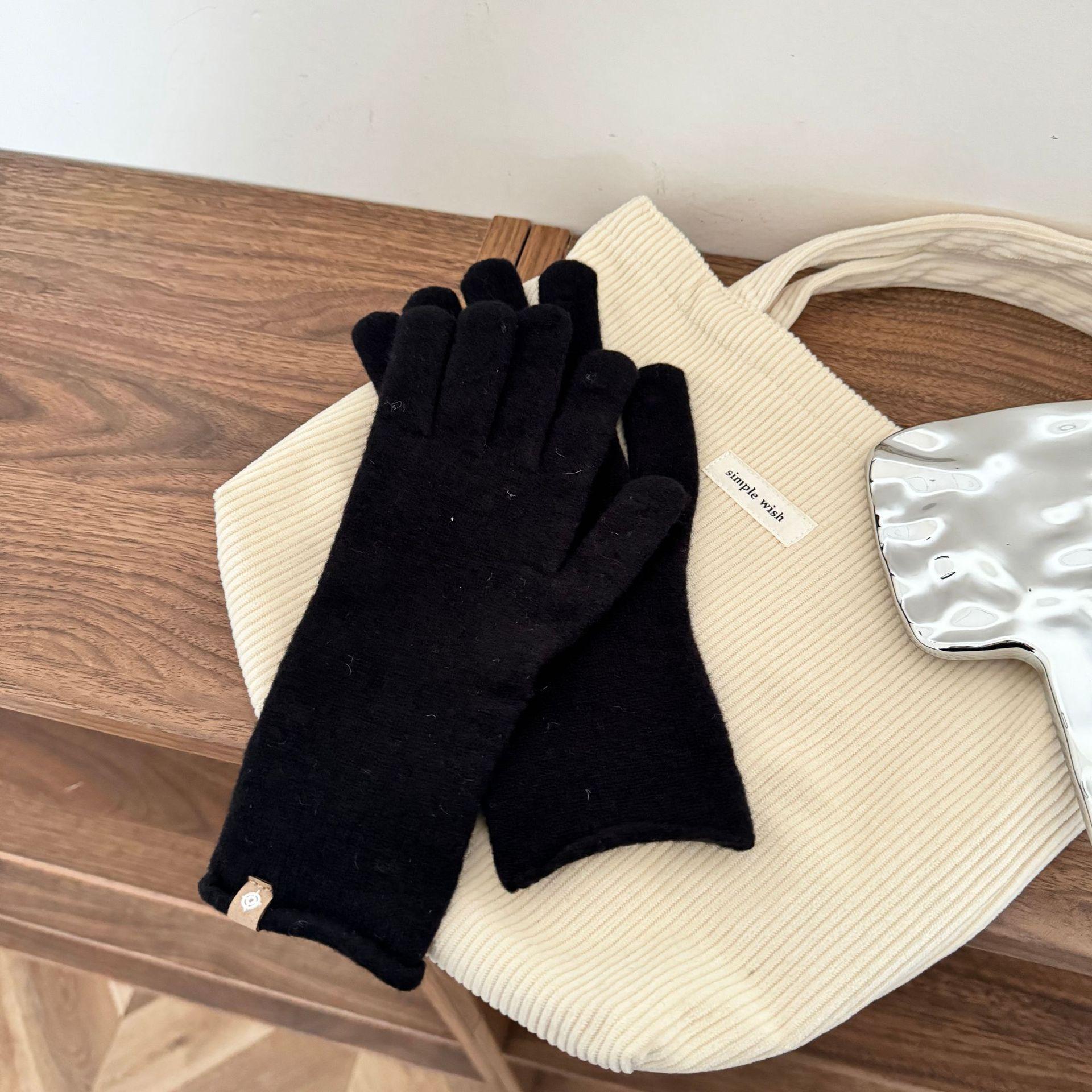 Soft waxy solid color wool gloves women s warm knitted five-finger gloves women s fashion versatile