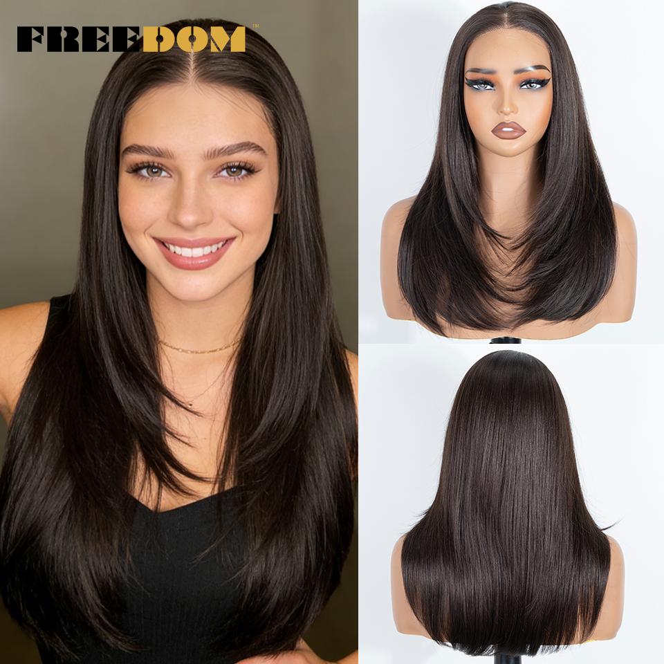 

FREEDOM 13x3 Layered Synthetic Lace Front Wigs For Women 18 Straight Pre-cut Ombre Brown Blonde Pre-plucked Cosplay Lace Wigs (as the picture,18inches)
