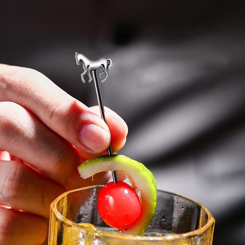 RRRuo Horse Cocktail Reble Picks Martini Picks Fruit Toothpicks for Appetizers Olives Brandied Cherries Skewers 8 pieces (Silver)