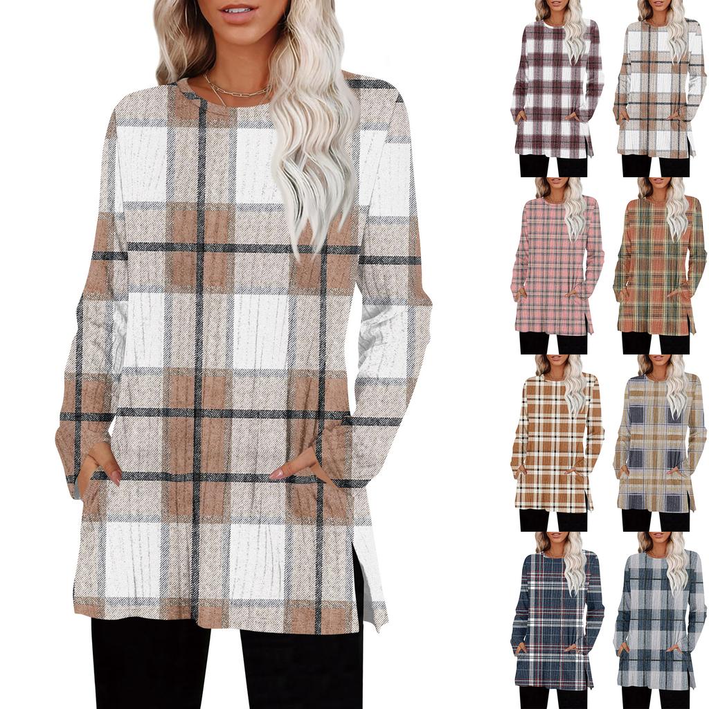 Womens Sweaters Crewneck Long Sleeve Shirts With Pockets Fall Outfits Fashion Winter Clothing Side Slit