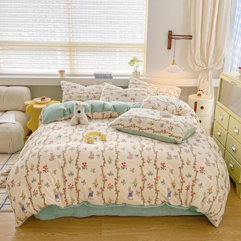 Winter Thick Warm Milk Coral Fleece Bedding Set Ins Fresh Duvet Cover Single