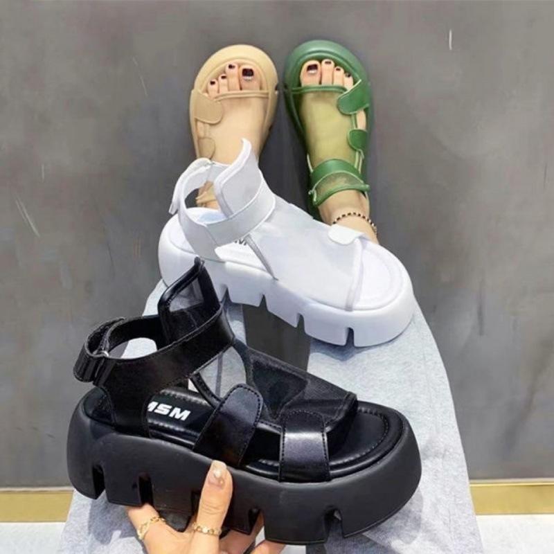 Sandals Women Summer New Fashion Thick-bottomed Breathable Yarn Mesh Magic Paste Roman Sandals