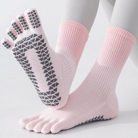 1 Pair Yoga Toe Socks with Non-slip Gripper Moisture Wicking Mid-calf Socks Women Ballet Dance Pilates Cotton 5-Toe Crew