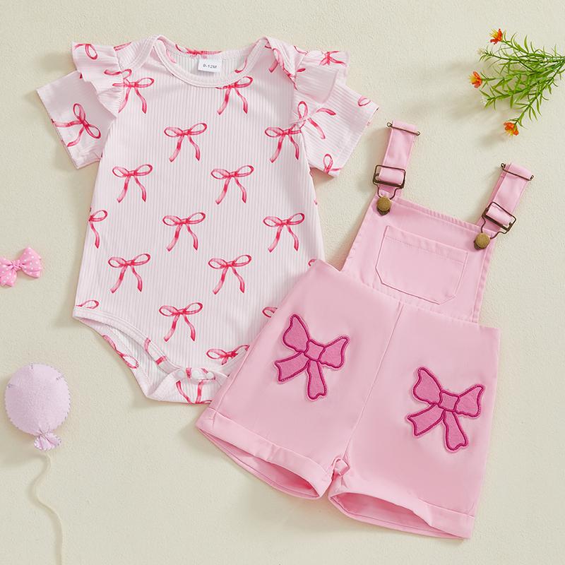 

Newborn Baby Girl Clothes Summer Outfit Bow Pattern Ruffled Short Sleeve Romper and Overall Shorts 2 Pcs Set 0-3M