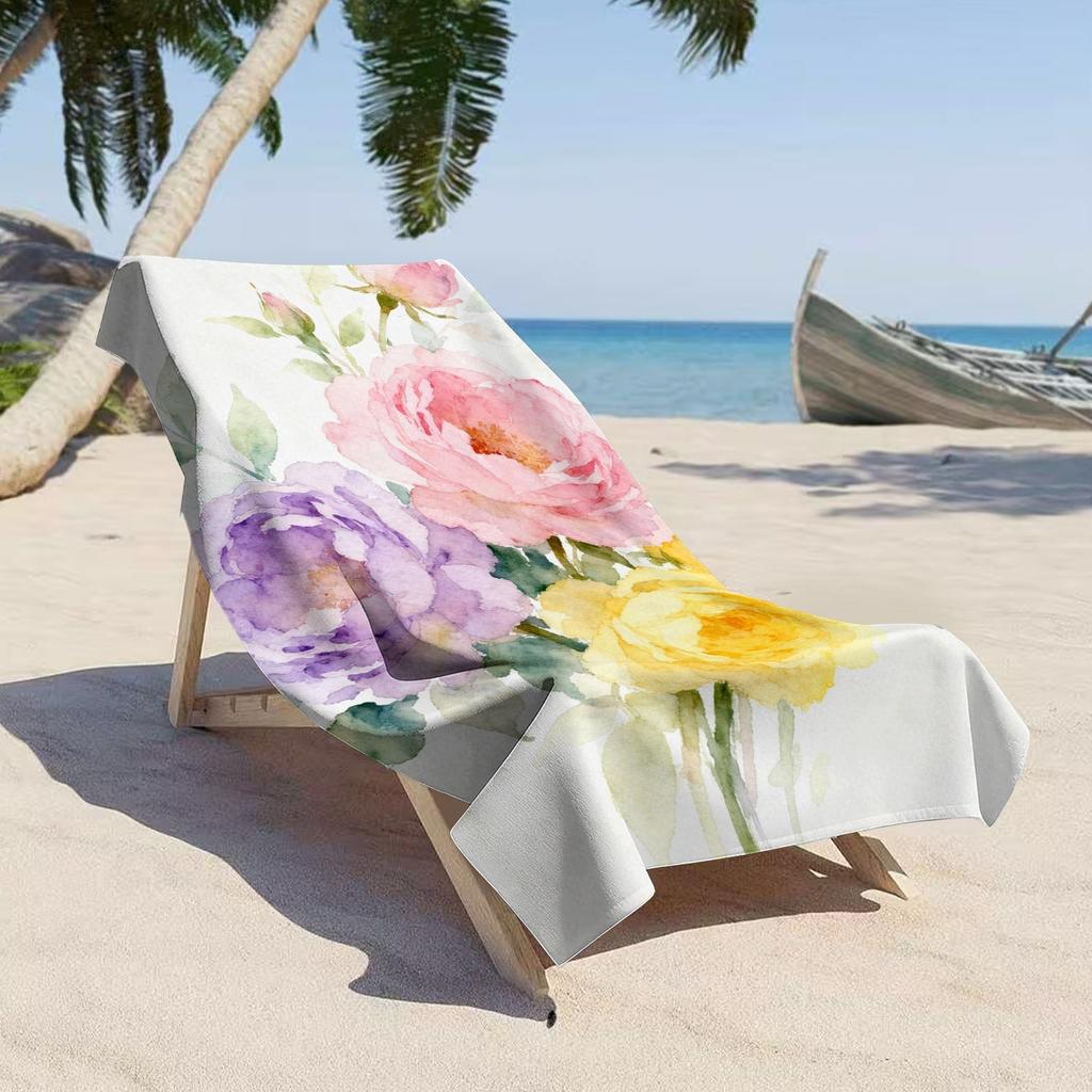 Oversized Floral Beach Towel, Soft Microfiber Quick Dry Watercolor Peony Print Bath Towel, Large Beach Blanket for Pool & Travel