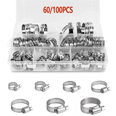 60/100pcs Stainless Steel Screw Band Hose Clamps Adjustable Car Fuel Hose Clamps Clamp Hose Clamp Fasteners Kit