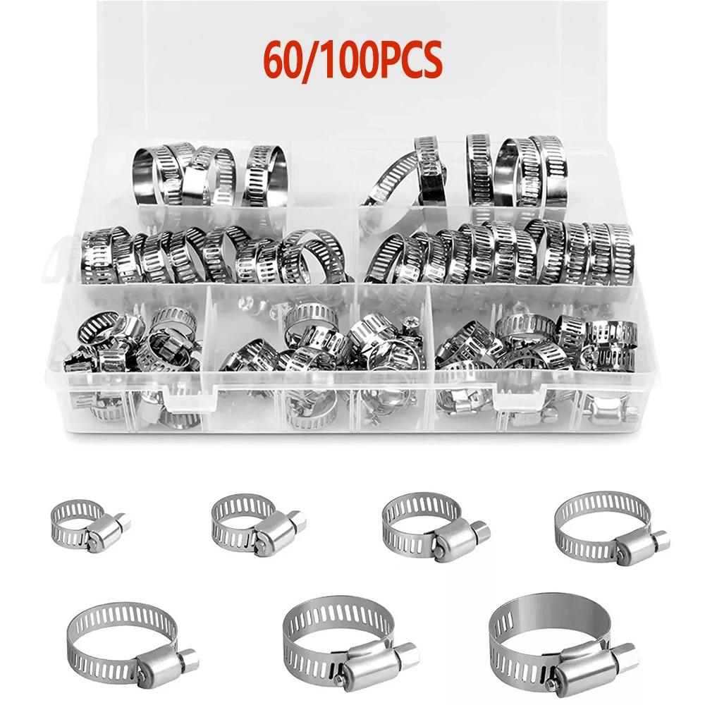 60/100pcs Stainless Steel Screw Band Hose Clamps Adjustable Car Fuel Hose Clamps Clamp Hose Clamp Fasteners Kit